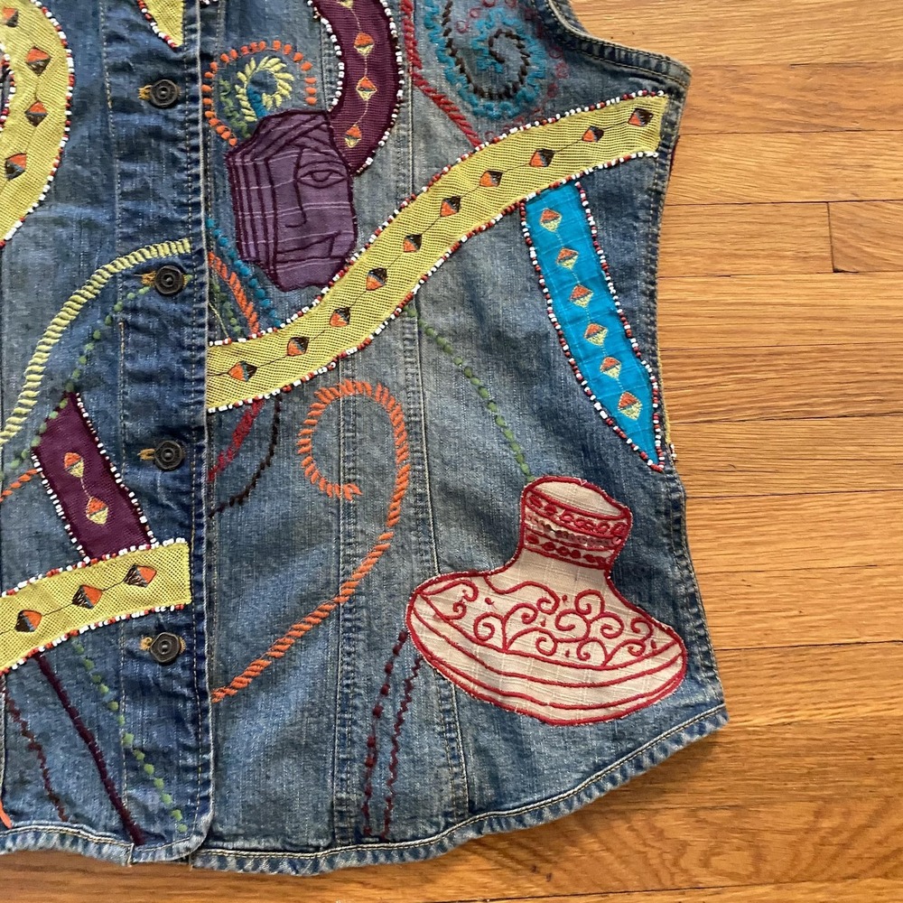 Chicos Jean Vest Womens 2 Embroidered Applique Boho Art Jacket Casual Layering - Picture 5 of 14